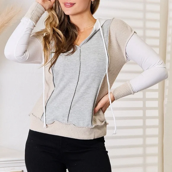 NEW**-Double Take Color Block Exposed Seam Drawstring Hoodie OFFERS WELCOME - Picture 6 of 9